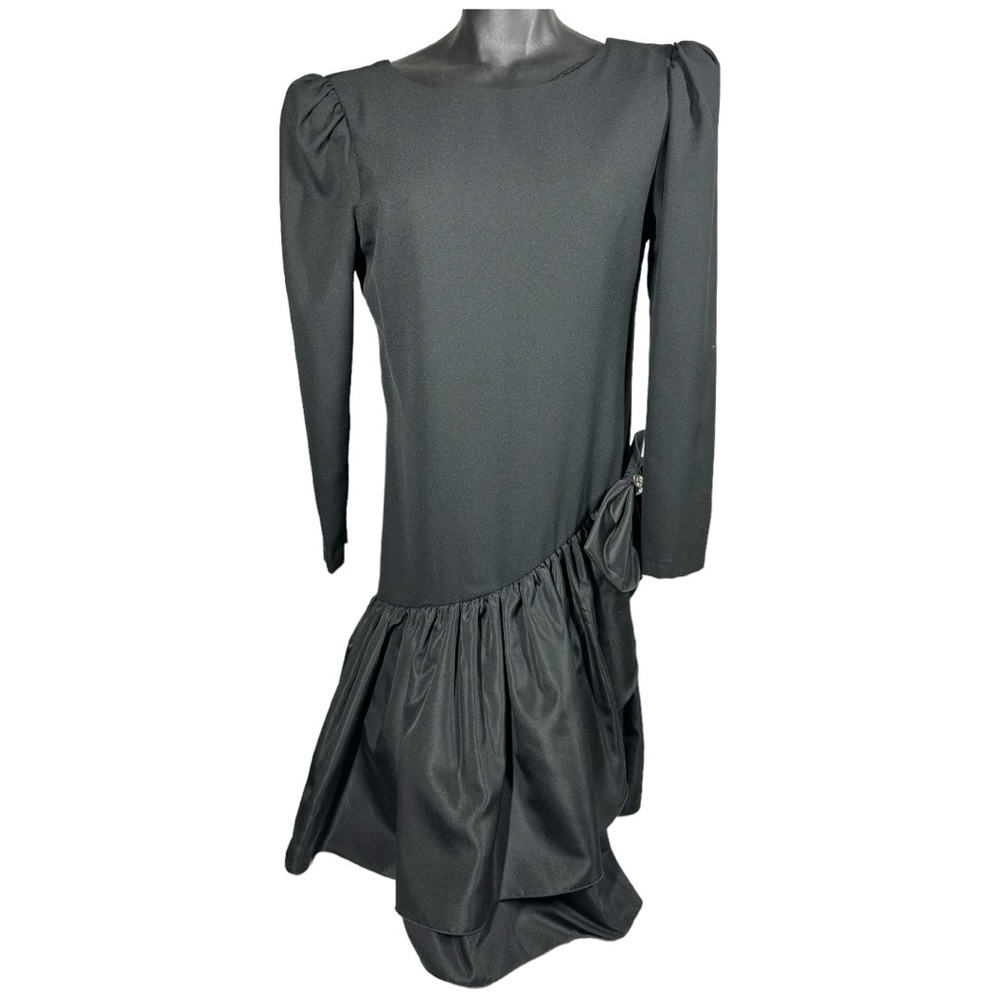 Huey Waltzer for Darcy Vintage 80s Black Dress Taffeta Bow Asymmetrical Size 7/8